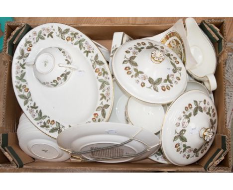 A box of Wedgwood bone china 'Strawberry Hill' pattern dinner wares and a Spode Durrow plate 