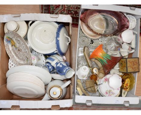 Two boxes containing a quantity of assorted ceramics and glassware, including 'Shelley' cups and saucers, opaque glass dishes