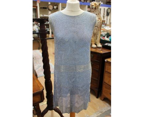 Ice blue beaded 1920s dress, embellished with bugle beads