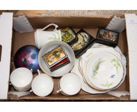 Kingfisher scene porcelain teaset, 21 piece, Ditchfield glass lily pad and four papier mache Russian boxes, two with painted 