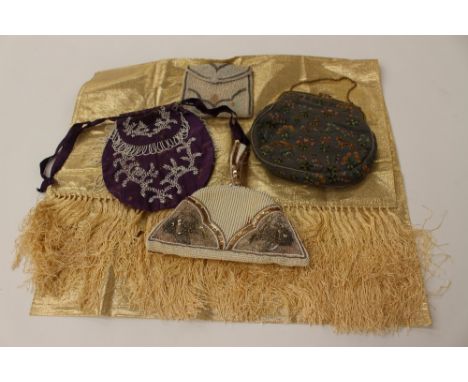 A group of four vintage evening bags, including beaded work, embroidered, etc, with a good scarf (5) 