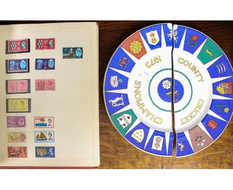 A Red Album with four pages of Penny Reds Q.V. a 2d Blue etc and a First Day cover with Coalport plate 