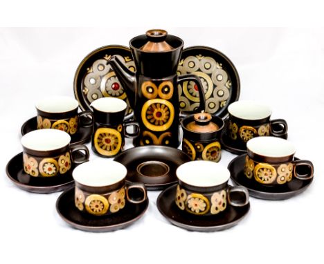 Denby 'Arabesque' coffee pot, six cups and saucers, milk jug and sugar basin