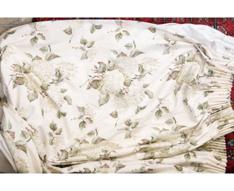 One pair of full lined curtains by Cotterstock, Ann and Robert Swaffer Hortensia pattern in a green leaf/floral design on cre
