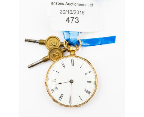 An 18ct ladies fob watch, black Roman numerals, enamelled face chipped, engine-turned case