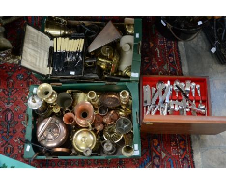 Two boxes of various brass and copper and metalware including miners lamp, kettle, horse brasses, metronome, etc; together wi