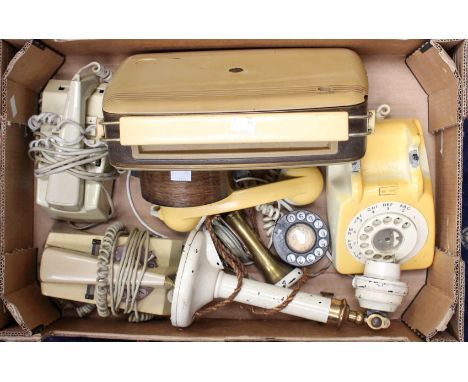Two boxes of cameras, telephones, Bush TR 82B radio and oak mantel clock (two boxes)