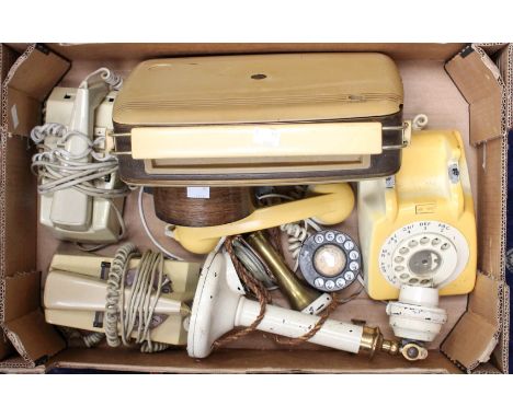 Two boxes of cameras, telephones, Bush TR 82B radio and oak mantel clock (two boxes)