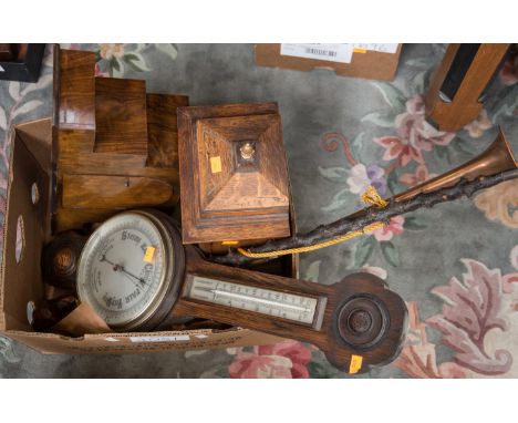 A mahogany cased mantel clock, another clock, barometer, horn and a walking stick (one box) 