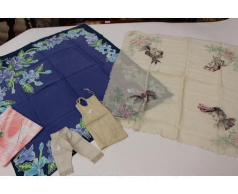 An unusual silk scarf depicting vintage ladies wearing bonnets (1930s, two marks, made by Raymonde, together with a blue flor