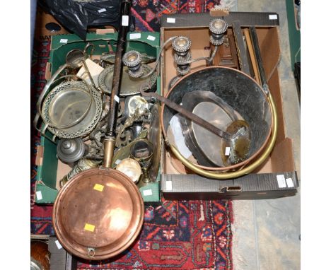 Two boxes of metalware including a copper coal scuttle, silver plate, an Elliott burr walnut timepiece and three prints (two 