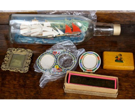 A boxwood 19th Century snuff box, glass slides (12) hunting , American Indians, camels Venice frames including micromosaic, s