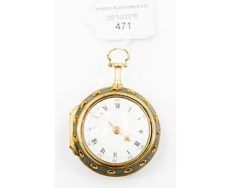 A George III half quarter repeating verge pocket watch by Henry Hindley, circa 1760, gilt metal and shagreen pair cases, full