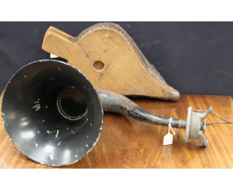 A German radio globe speaker circa early 20th Century; together with a pair of 19th Century bellows wood and leather (2) insc