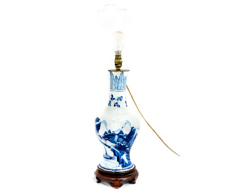 A Chinese blue and white baluster vase, converted to a lamp 