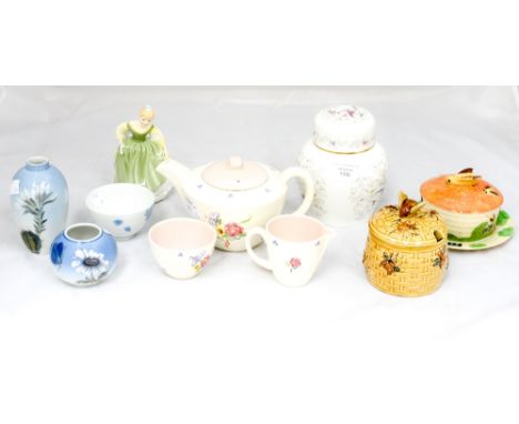 Royal Copenhagen, Royal Doulton, a Poole pottery teapot milk/sugar 1950s hand painted set, honey pots and Coalport jar (10) 