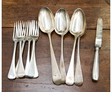 Three George III silver tablespoon; Victorian tablespoon; set of five silver dessert forks, possibly John Lias, London 1815; 