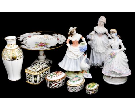 Royal Worcester figure of a 'The Village Bride', 'Goose Girl' and another not marked; together with Royal Crown Derby comport