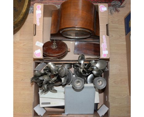 Two boxes of sundries including cutlery, pewter, candlesticks, tankards, leather cased tape measure, cased microscope and a m