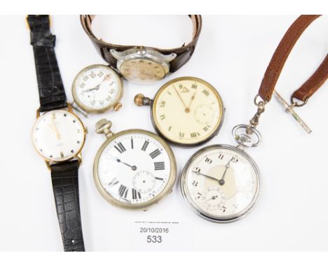A group of five vintage watches to include an early white metal wrist watch, three pocket watches and an Ingersol Triumph 