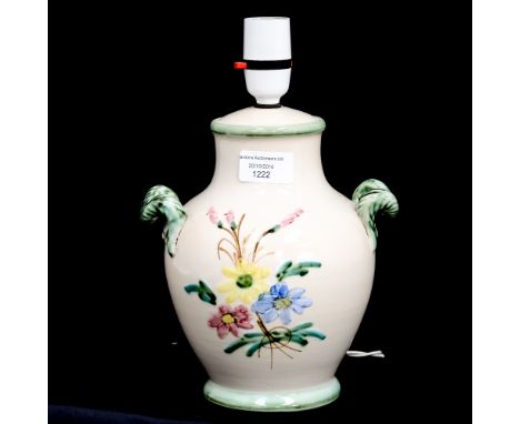 Believed to be early Denby/Langley twin handled lamp base, hand painted floral pattern 