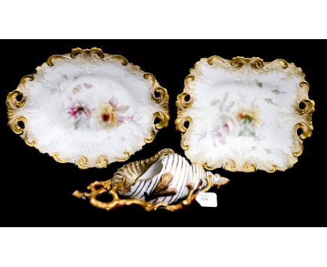Two Royal China Works Worcester Grainger & Co dessert service serving dishes printed and tinted with rose decoration, marked 