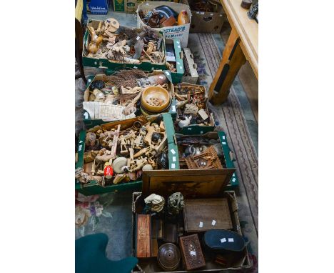 A large collection of carved wood ornaments and boxes, Cuckoo clock, binoculars, etc (nine boxes) 