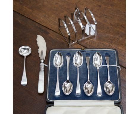 A cased set of six George V silver Old English pattern coffee spoons, maker R.P., Sheffield 1925; together with a Mappin and 