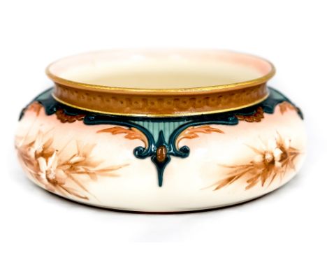 A Royal Worcester Hadleys bowl, hand painted with foliage scenes in sepia, stamped to underside