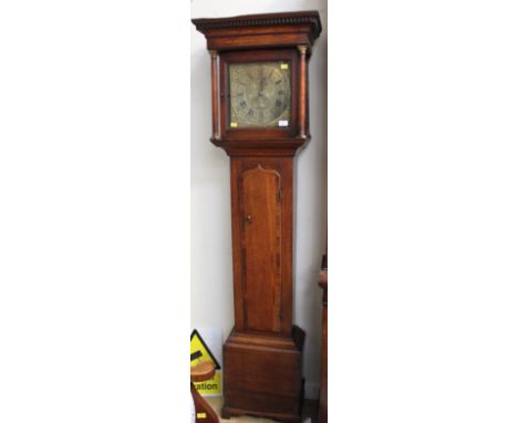 A George III oak 30 hour longcase clock, by Thomas Hutchinson of Worksop, the hood with plain dentil moulding to cornice, bra