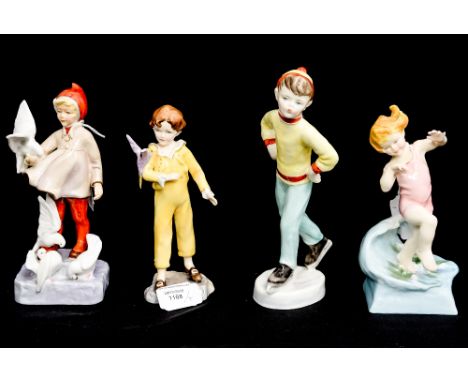 Four Royal Worcester figures: November 3418, July 3440, Tuesdays Child 3534 and Parakeet 3087 (af) (4) 