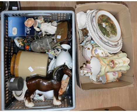 A box of ceramics including lamp with cherubs, Italian, Beswick birds, Beswick/Doulton Shire horse 