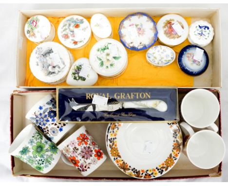 A collection of pill and trinket boxes and a Royal Grafton cheese knife; together with a Harlequin set of 'Carnaby' coffee cu