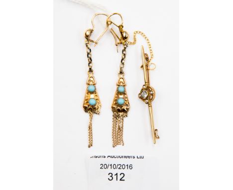 A pair of yellow metal and turquoise type drop earrings (a/f), together with a 9 ct gold seed pearl and aquamarine bar brooch