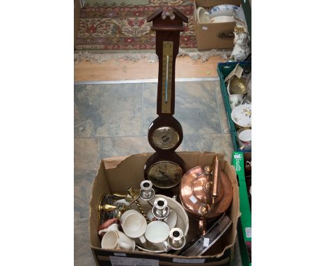 Collection of commemorative mugs, brass and plated ware with barometer