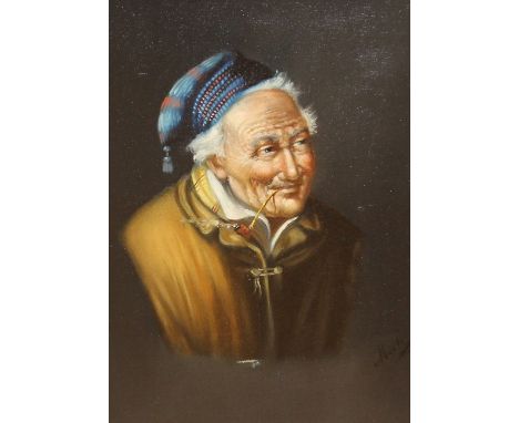 Early 20th Century Portrait study of a Gentlemen in nightcap with pipe, oil on canvas, signed MEROLA, framed, 34cm x 24cm.
