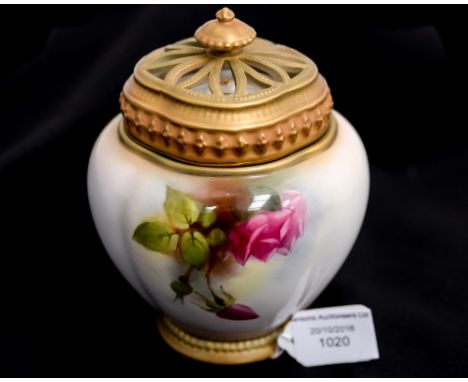 A Royal Worcester pot pourri vase and cover, circa 1912, painted with a spray of roses, signed M. Blake, gilt detailing, shap