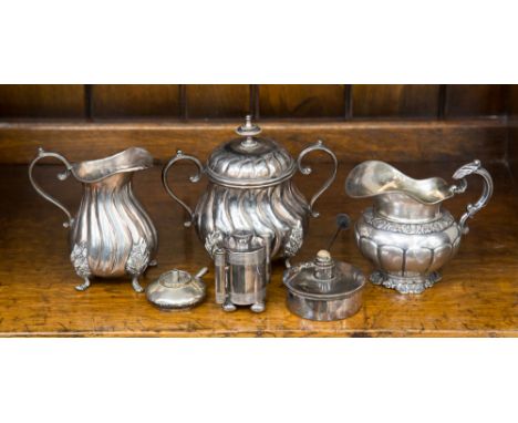 A silver cream/milk  jug, EP sucrier and cover, milk jug, burners etc (6)