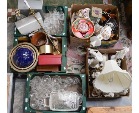 Ceramics and glass - gem set globe, Seiko mantel clock, fire irons, Continental figures, Stoneware dinner ware (five boxes) 