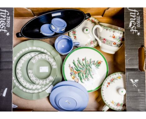 Spode Christmas ware, blue and green Wedgwood Jasperware and Copeland Spode consomme pots with lids, etc 