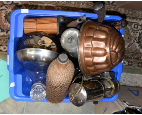 A collection of curios to include Jam pan, carriage lamp, decanter etc (1 box)