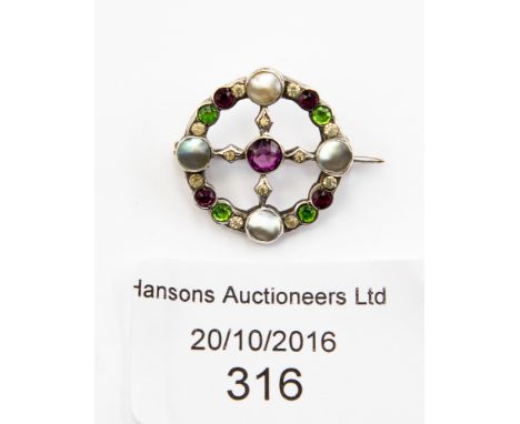 Edwardian Continental silver brooch marked 800, set mother of pearl, amethyst, green and colourless paste in cross formation 