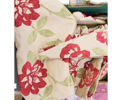 A pair of contemporary cotton and polyester floral patterned curtains, having stylised rose on brown ground, complete with ti