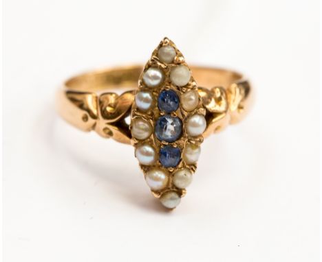 A 19th Century marquise 15ct gold seed pearl and sapphire ring, ring size O 1/2, gross weight approx 4.3 grams
