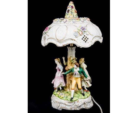 A Continental porcelain figural table lamp and shade