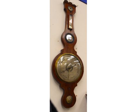 A 19th Century mahogany cased banjo barometer and thermometer, with spirit gauge to bottom section