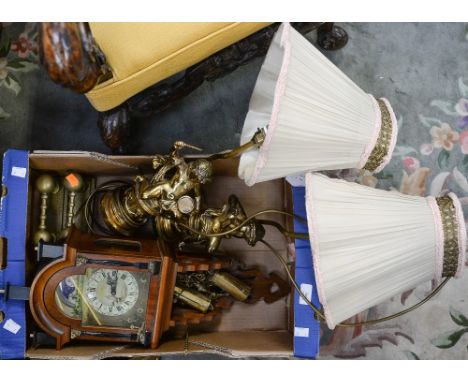 A pair of figural lamp bases, wall clock, etc (one box) 