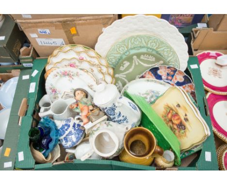 A box of assorted ceramics to include Chinese plate, Royal Crown Derby, Aynsley, Sylvac, Hummel, etc 