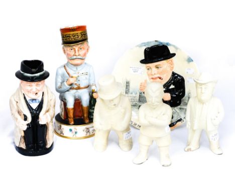 Three Bovey Pottery cream glazed figures of 'The Boss' (Churchill) lacks cigar to mouth 'Stalin' and Roosevelt (sd) all craze