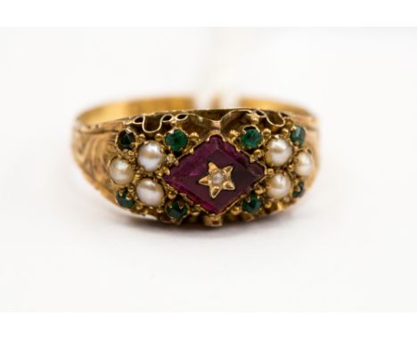 A Victorian 15ct gold, ruby, pearl and emerald multi stone ring, hallmarked 1878, ring size N, 2.3 grams approx 